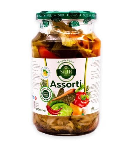 Marinada ýatyrylan Göl önümler "Nur" Assorti (Turşysy az kelem, hyýar, käşir, sarymsak) 900 ml